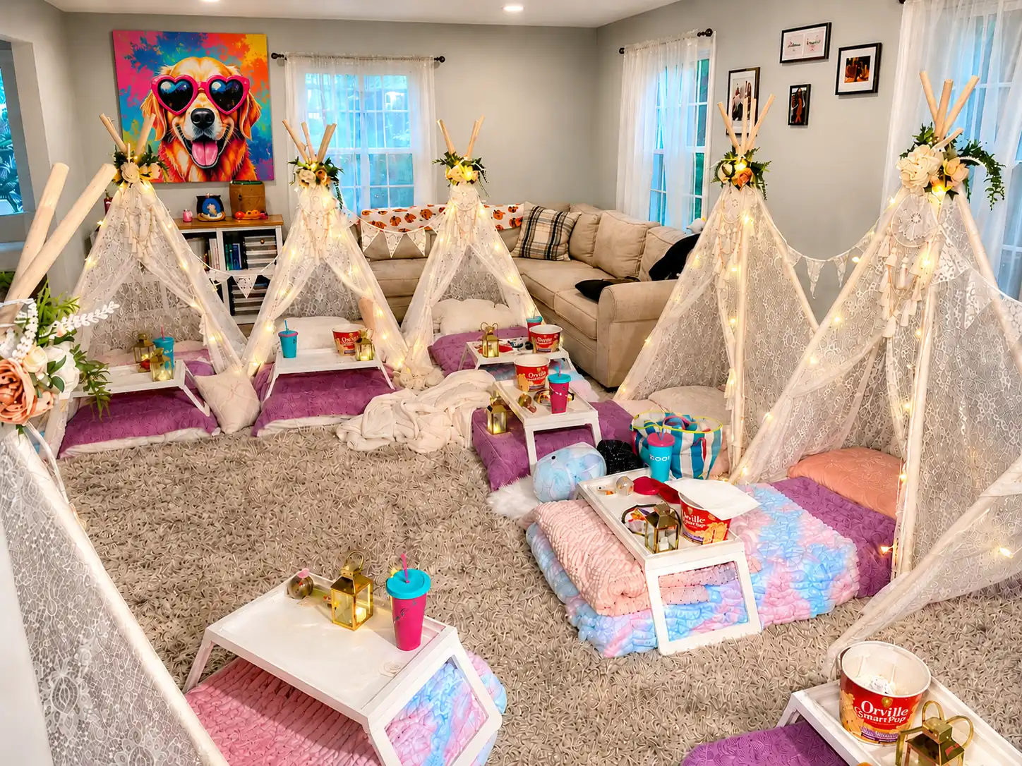 Five white lace teepee tents styled with colorful bedding, fairy lights, and breakfast trays in a home living room