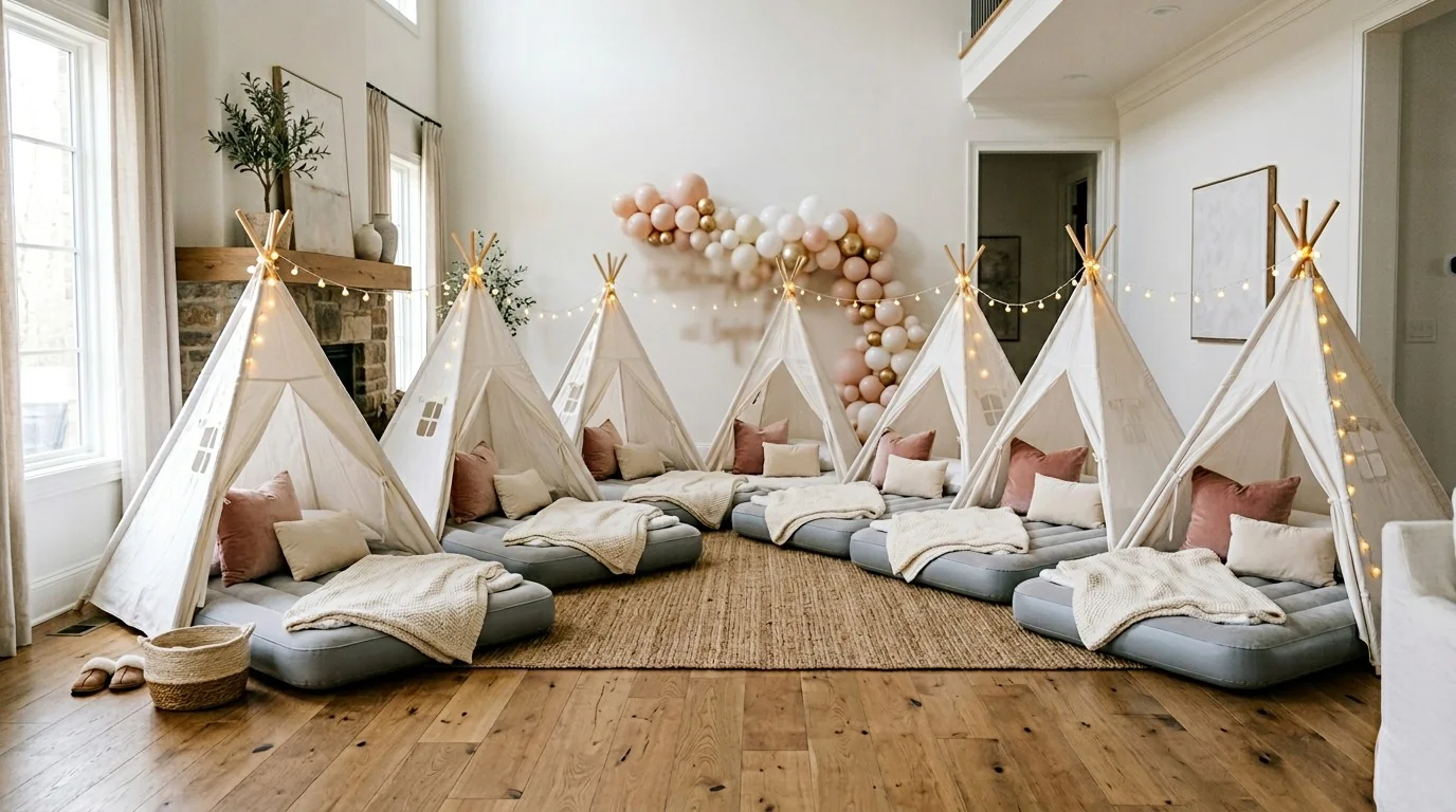 Posh & Pop luxury teepee sleepover setup with six tents, string lights, and themed decor