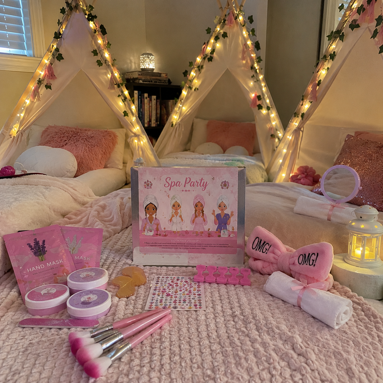 Spa party setup with robes, slippers, eye masks, and pampering kits for guests