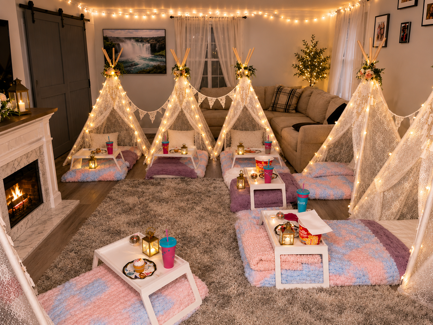 Five white lace teepee tents styled with fairy lights, floral crowns, and breakfast trays in a home living room