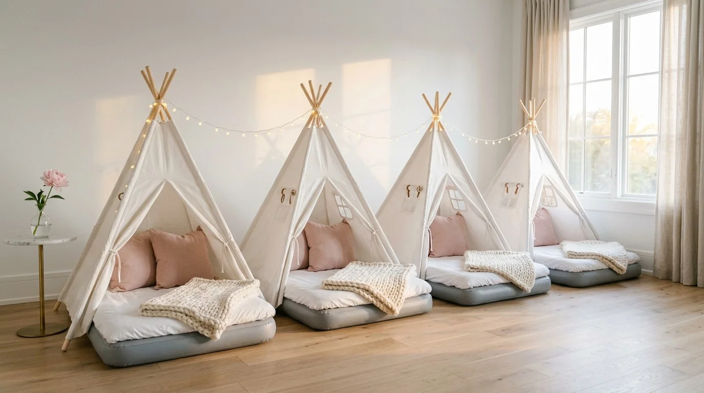 Themed goodie bags and party favors styled beside teepee tents