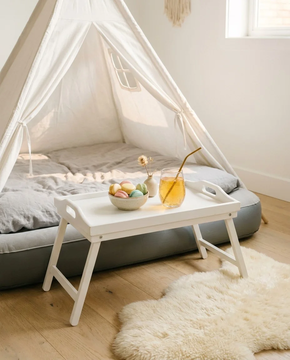 Bamboo breakfast tray styled inside a white lace teepee tent