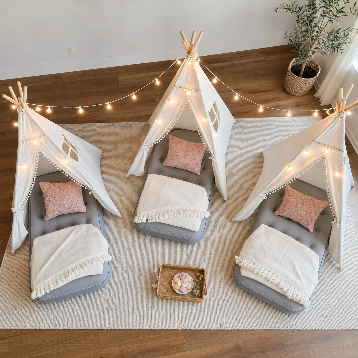 Aerial flat-lay view of a fully styled Posh & Pop teepee sleepover setup