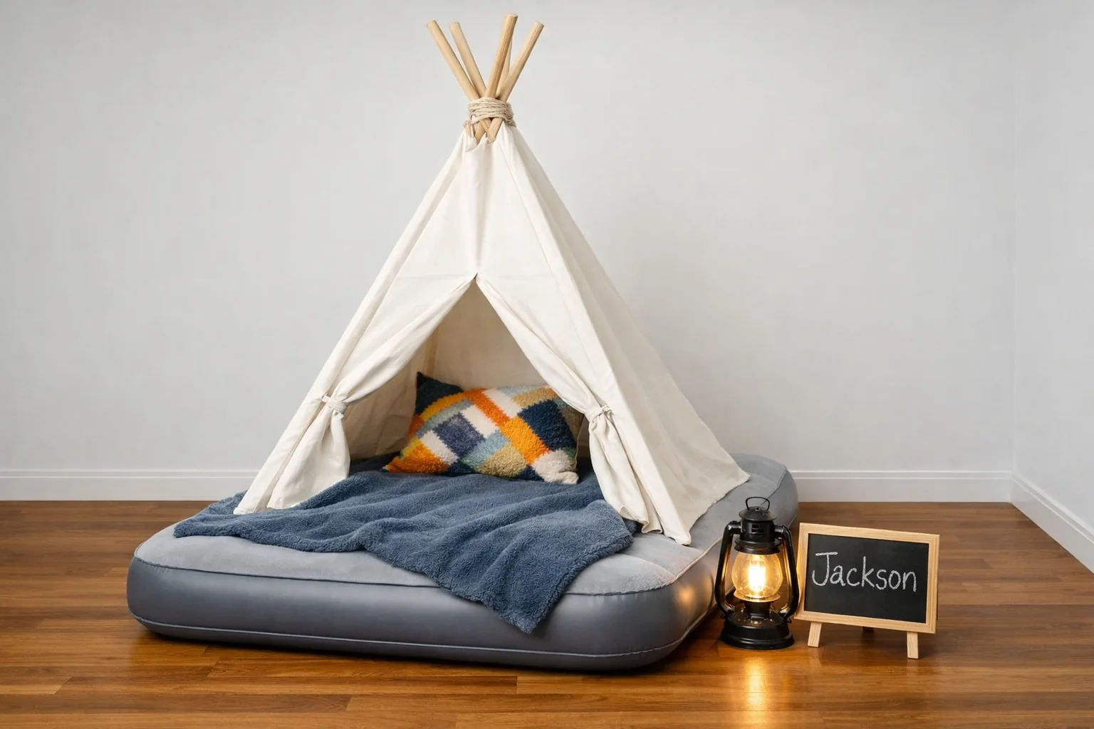Blue and white teepee tent styled for The Glow Edit sleepover theme