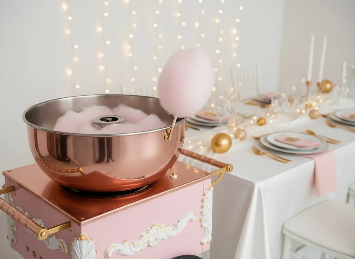 Pink cotton candy cart set up beside teepee tents at a Posh & Pop party
