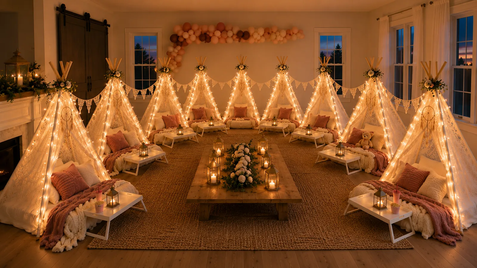 Row of styled Posh & Pop teepee tents for the Grand Glam luxury sleepover package