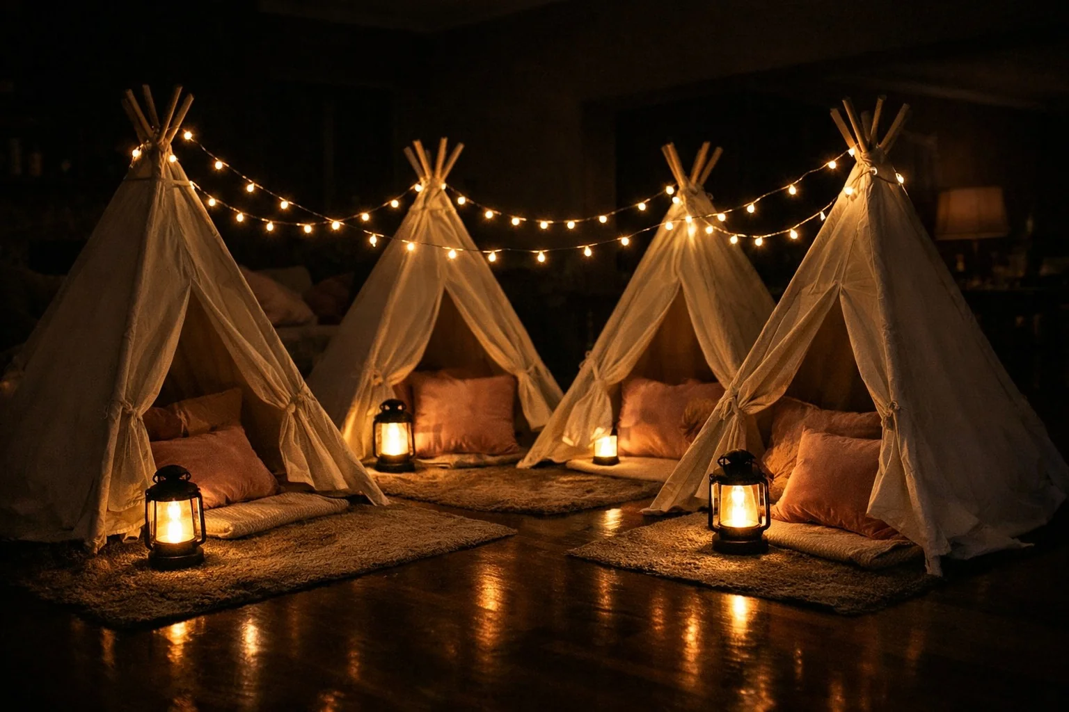 Teepee tent glowing with warm fairy string lights in a darkened room
