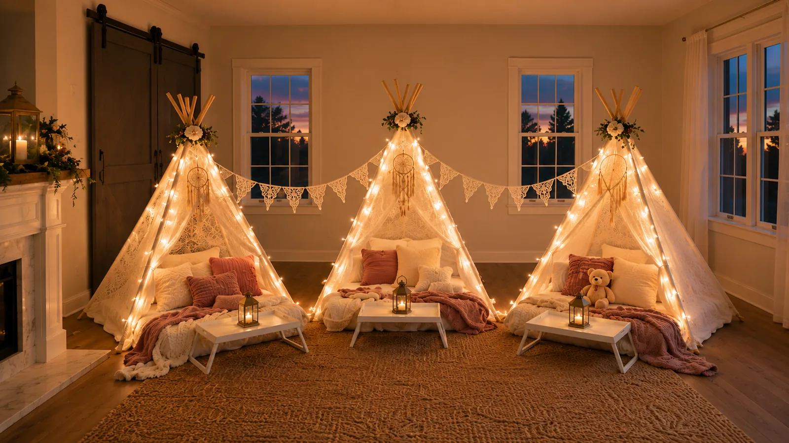 Three styled Posh & Pop teepee tents for the Petite Posh sleepover package