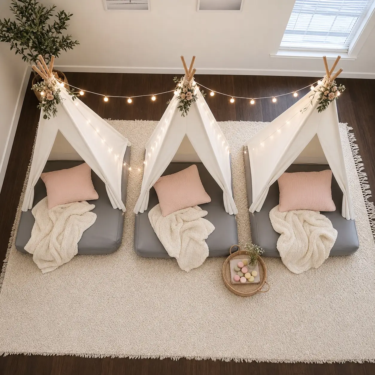 Blush-pink styled teepee tent for the Standard Edit Blush sleepover look