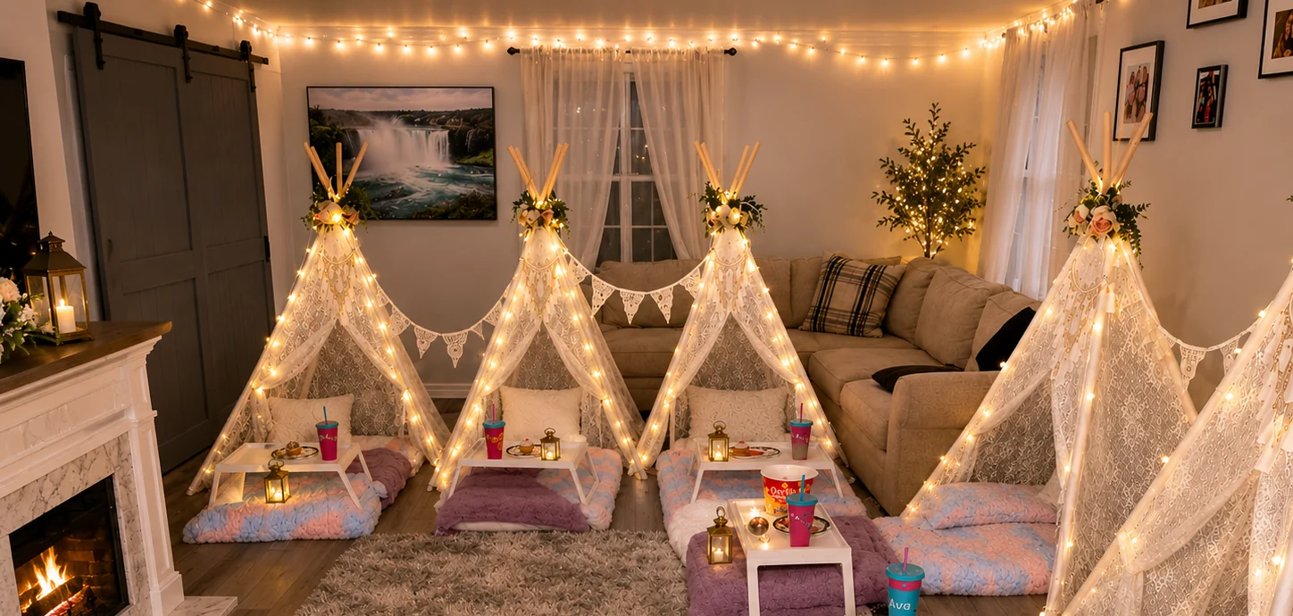 Fully styled Posh & Pop teepee sleepover with lace tents, fairy lights, and pastel bedding in a cozy living room