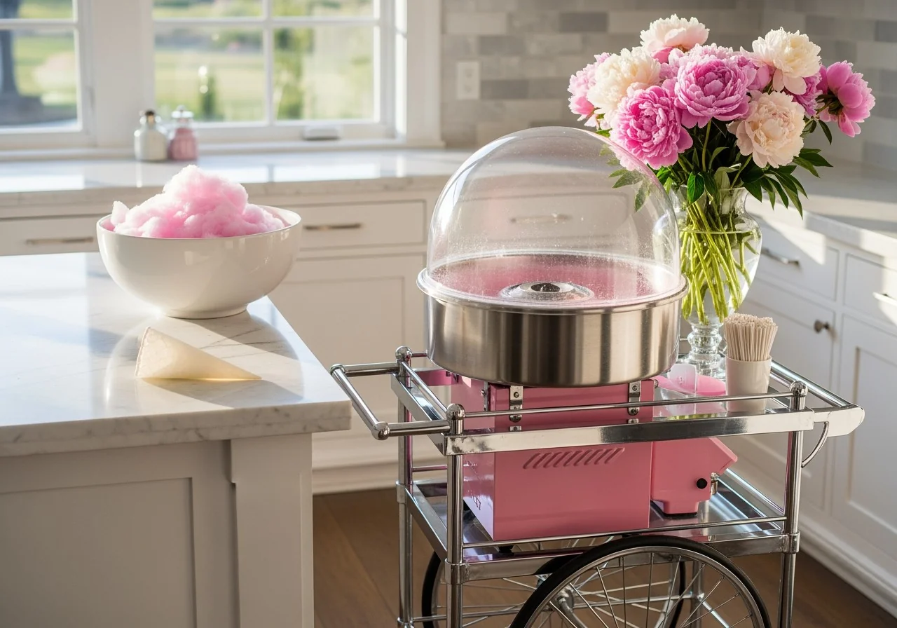 Cotton candy and popcorn treat carts styled in a home party room