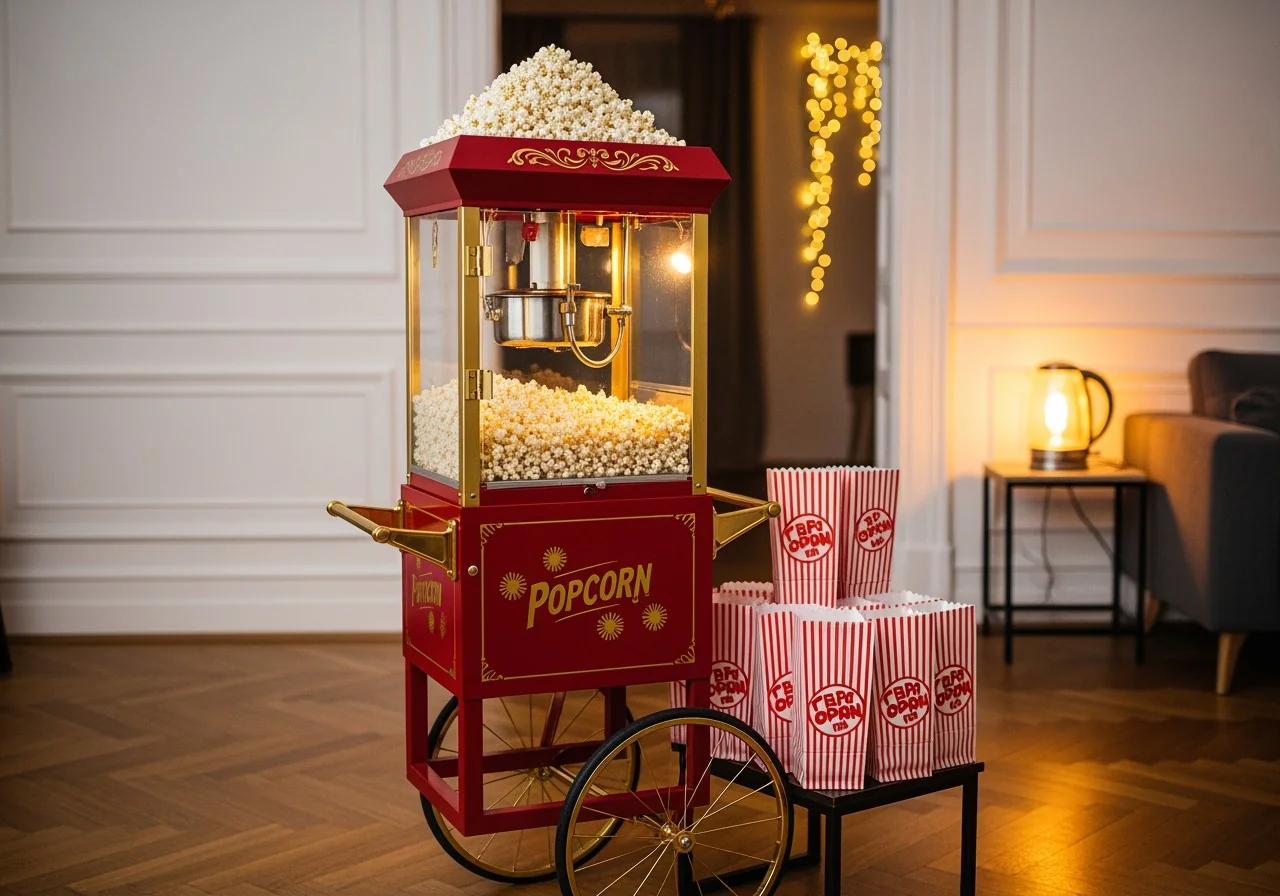 Vintage-style popcorn cart with fresh popcorn at a luxury sleepover party